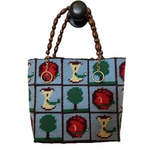 70's Vintage Teacher Needlepoint Bag Purse Tote Apple, Trees, Apple with Worm